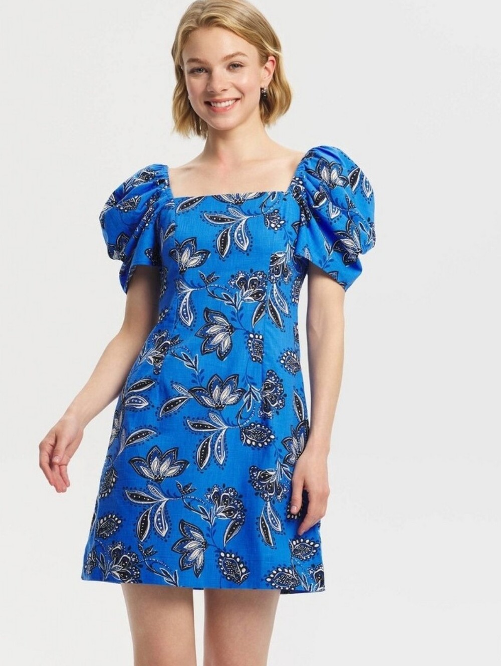 NWT A New Day Blue Floral Puff Short Sleeve Mini Babydoll Dress Women's Large